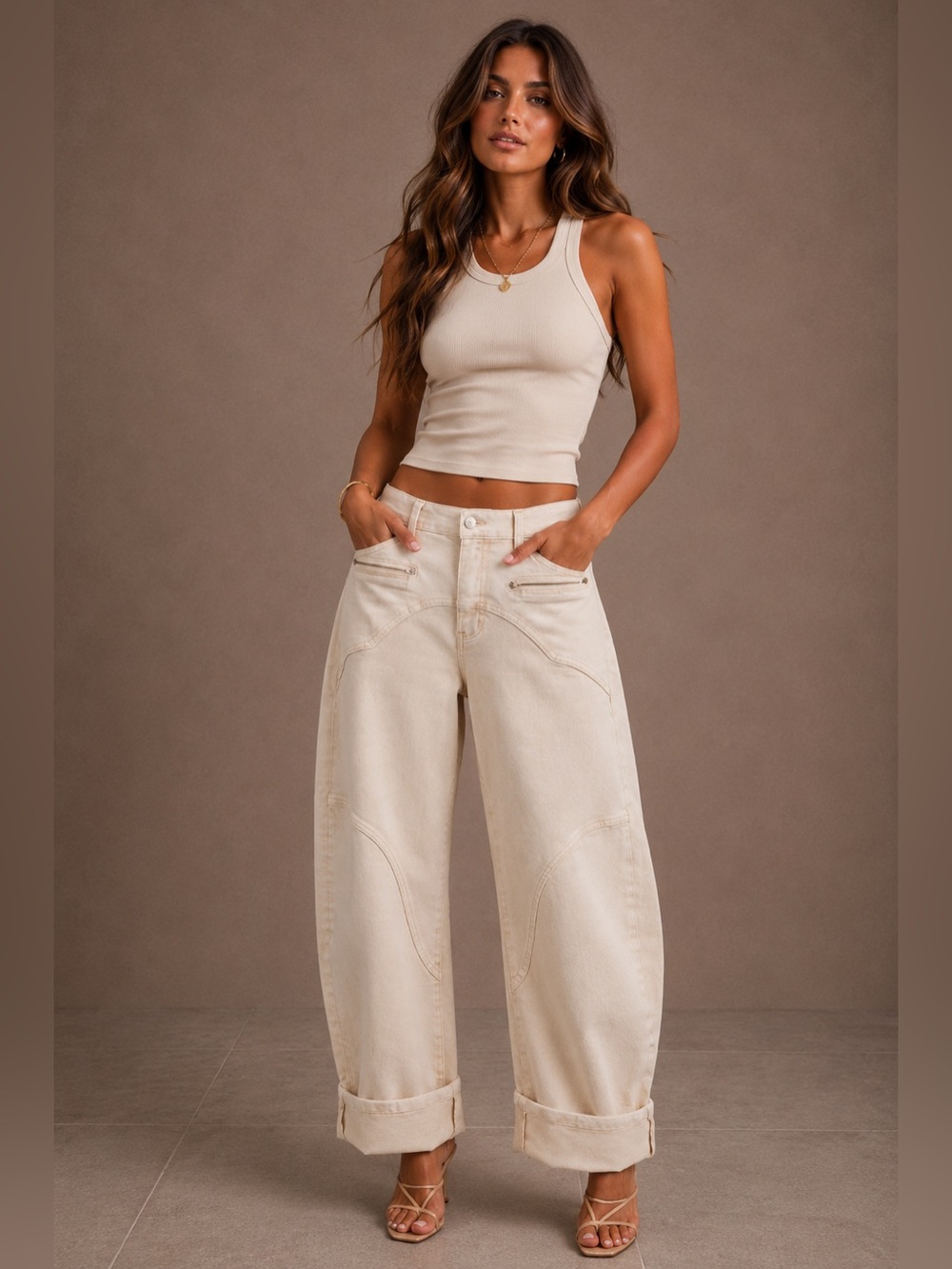 NWT High-Rise Western Barrel Jeans - Light Beige